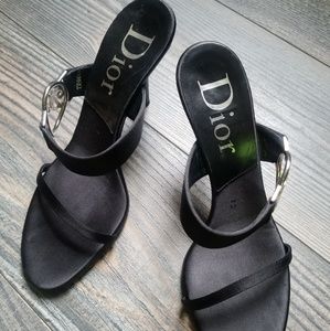 DIOR black satin sandal w silver DIOR metal ring
